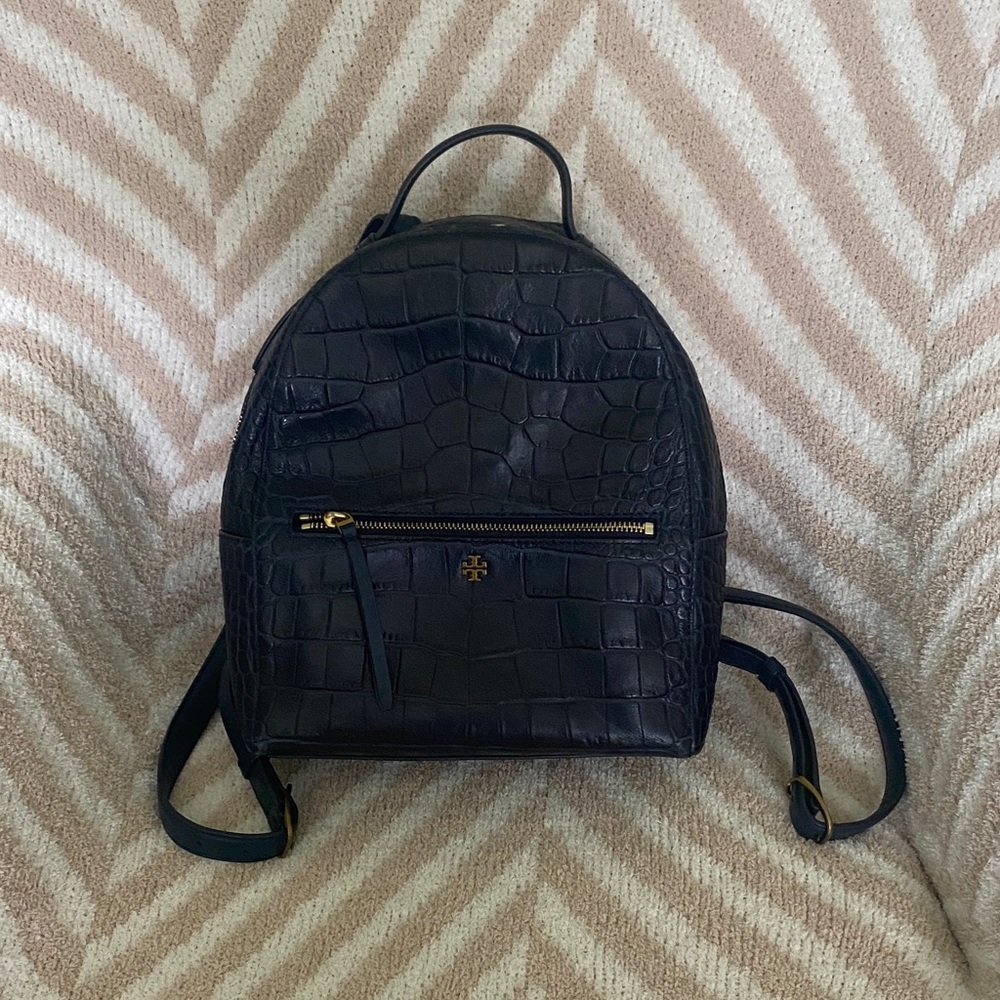 Tory Burch Navy Croc-Embossed Backpack